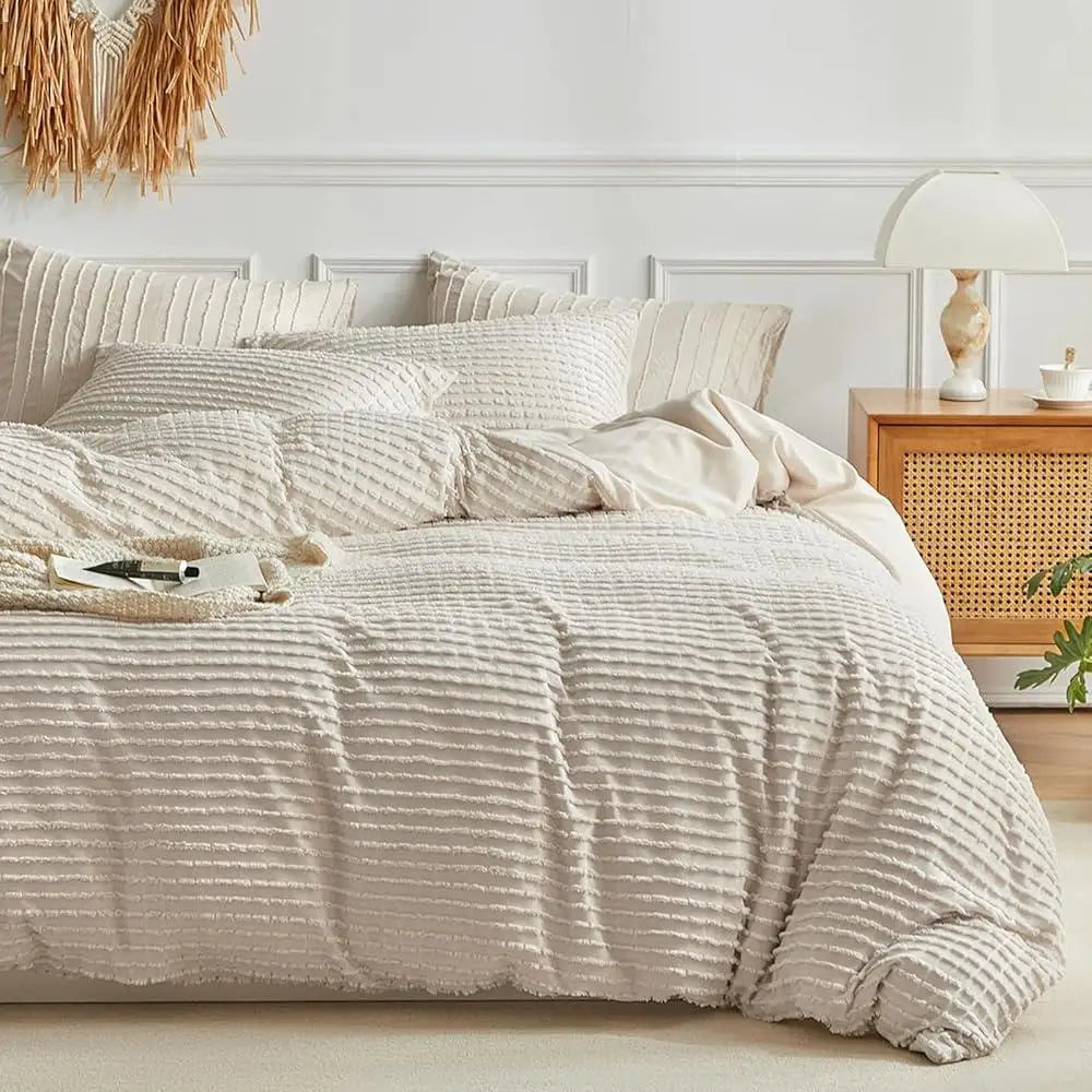 Boho Duvet Cover Set Queen Microfiber Lightweight Breathable 3PCS Ultra Soft Striped Tufted Bedding Set Hidden Zipper Design