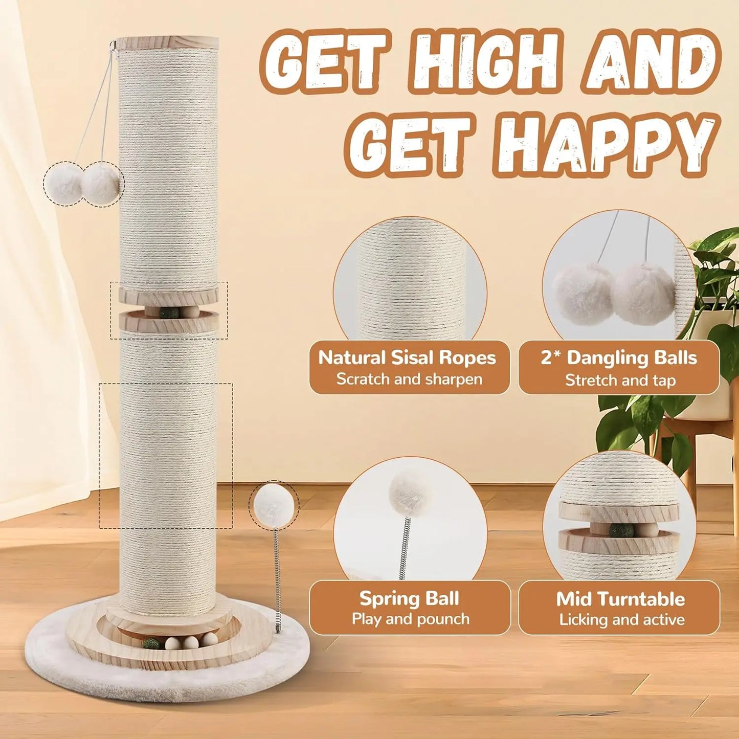 OTOB 32 Tall Cat Scratching Post 4.3Inch Large Diameter Sisal Rope 5-in-1 Interactive Turntable - Joanie B 25