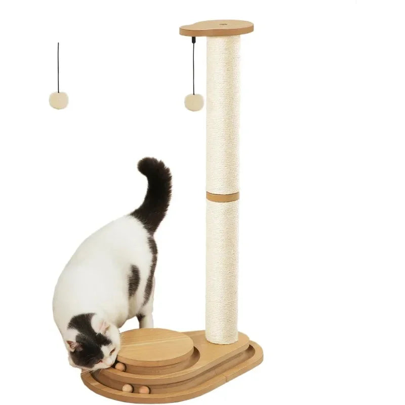 Cat Scratching Post and Kitten Toys for Indoor Cats Wooden Ball Track Two Layer Modern Sisal 32 Inch Tall Scratch Post - Joanie B 25