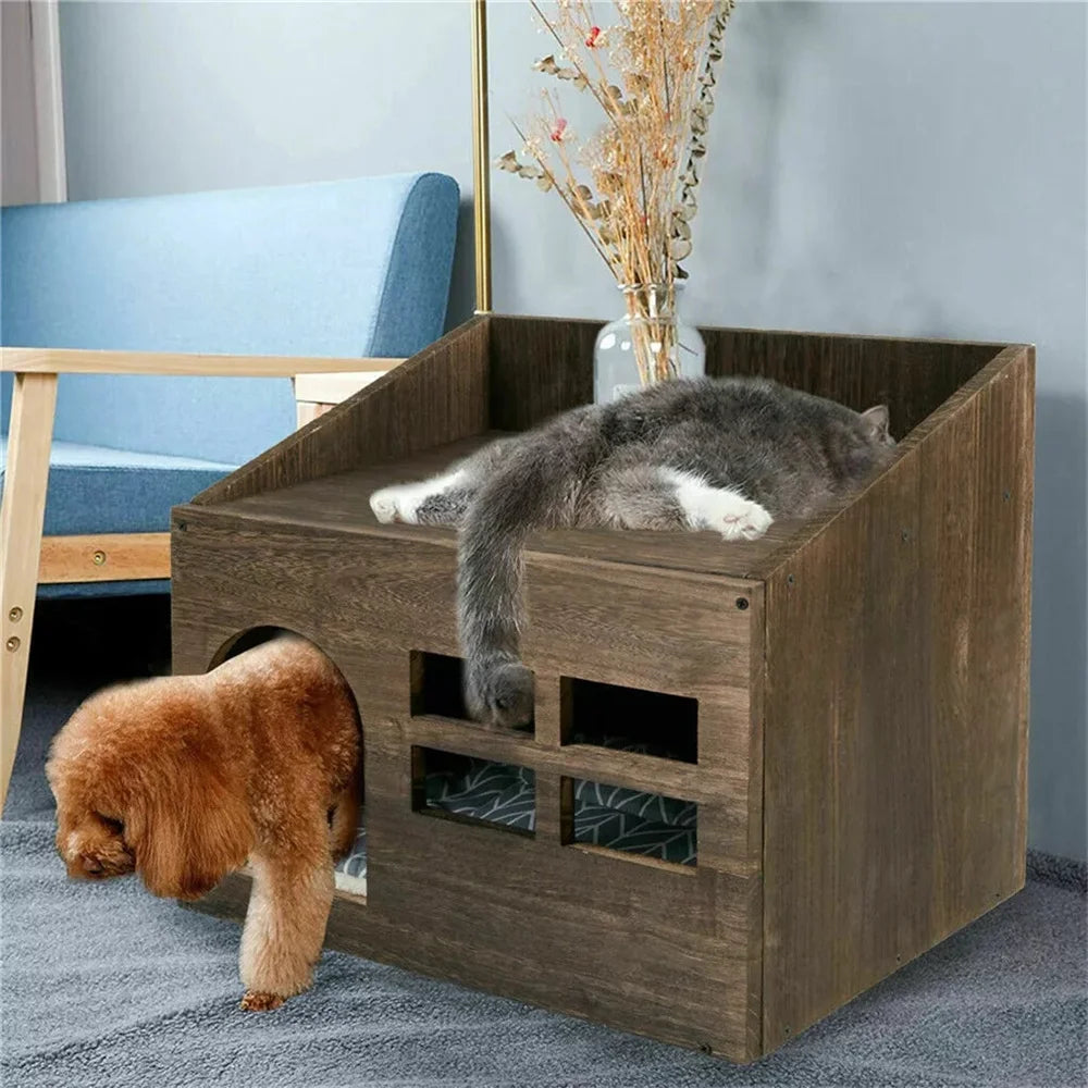 2 In 1 Wooden Cat House Puppy Rabbit Hideout Shelter Small Pet End Table Furniture with Soft Washable Cushion Indoor Outdoor - Joanie B 25