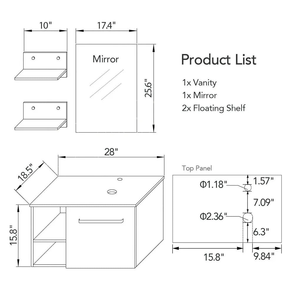 28'' Floating Bathroom Vanity Black Cabinet with Sink Vessel Side Shelves Mirror - Joanie B 25