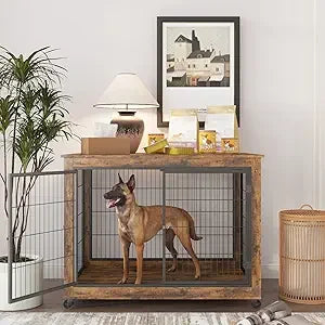 Dog Crate Furniture Wooden Dog Crate Table 437 Inch Dog Kennel with Three Doors Flip Up Top Opening and Wheels Decorative Pet Crate - Joanie B 25