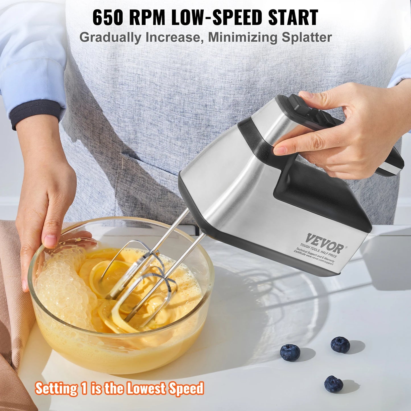 VEVOR Cordless Electric Hand Mixer Continuously Variable Electric Handheld Mixer Baking for Whipp Mixing Egg Cookie Cake Cream
