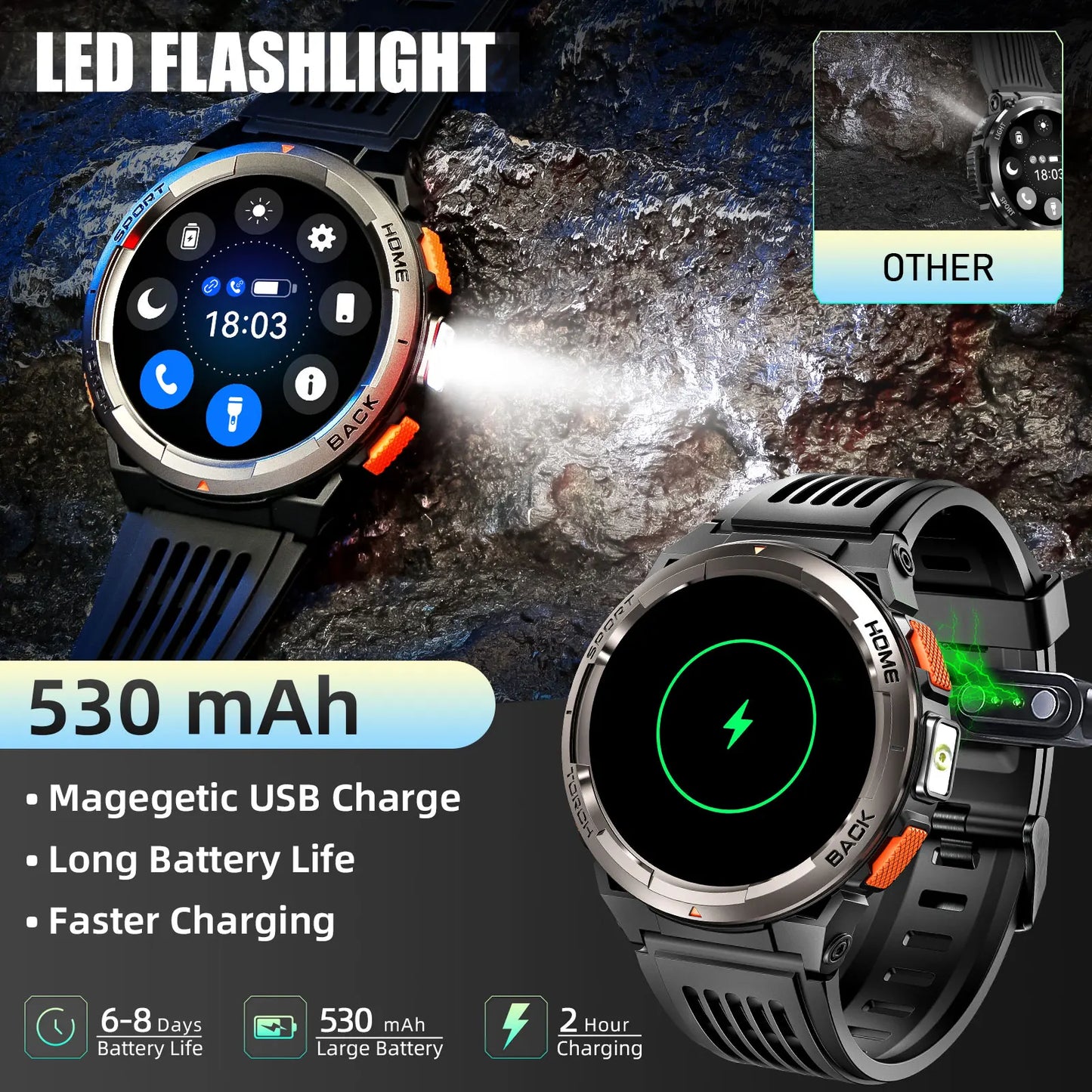 EIGIIS 1.45 Inch Smart Watch KE5 Waterproof Sports Watch with Compass Altimeter LED Flashlight - Joanie B 25