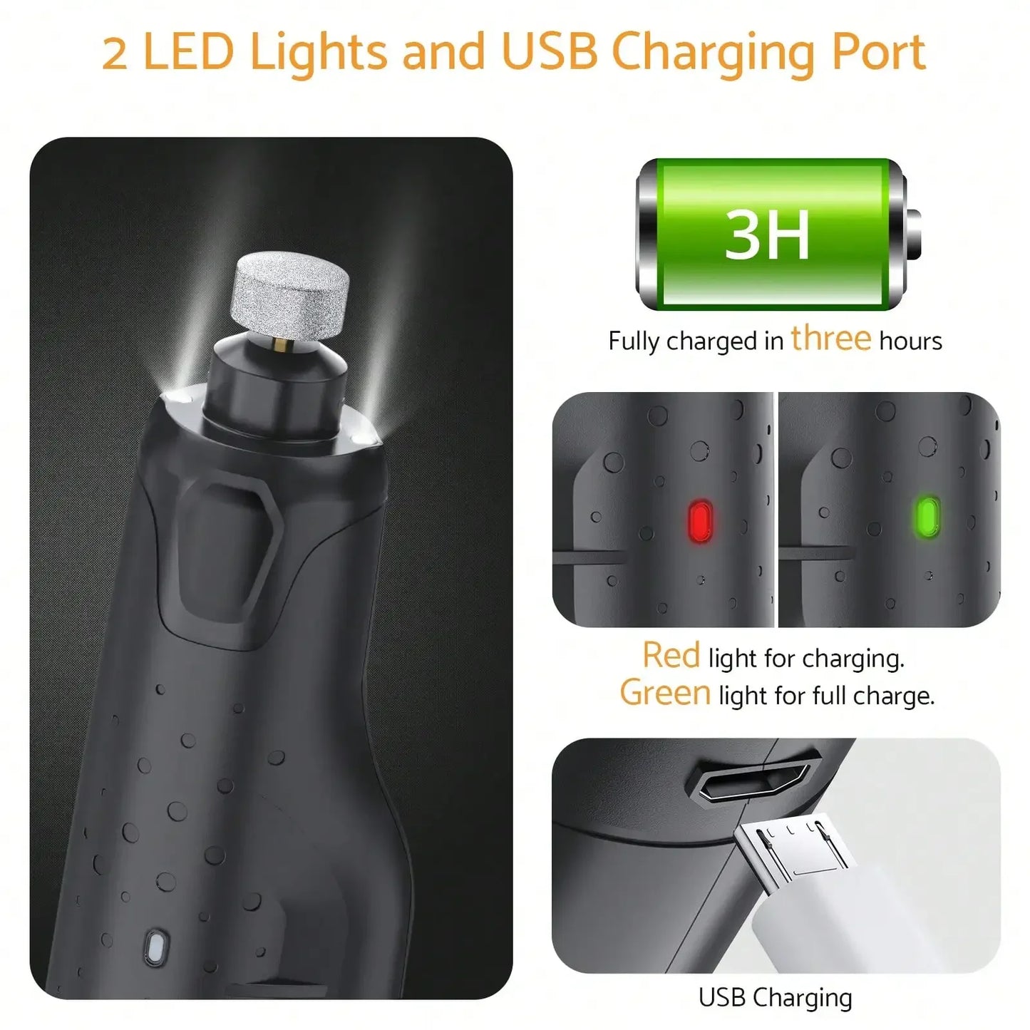 Quiet USB Rechargeable Dog Nail Grinder With 6 Speeds LED