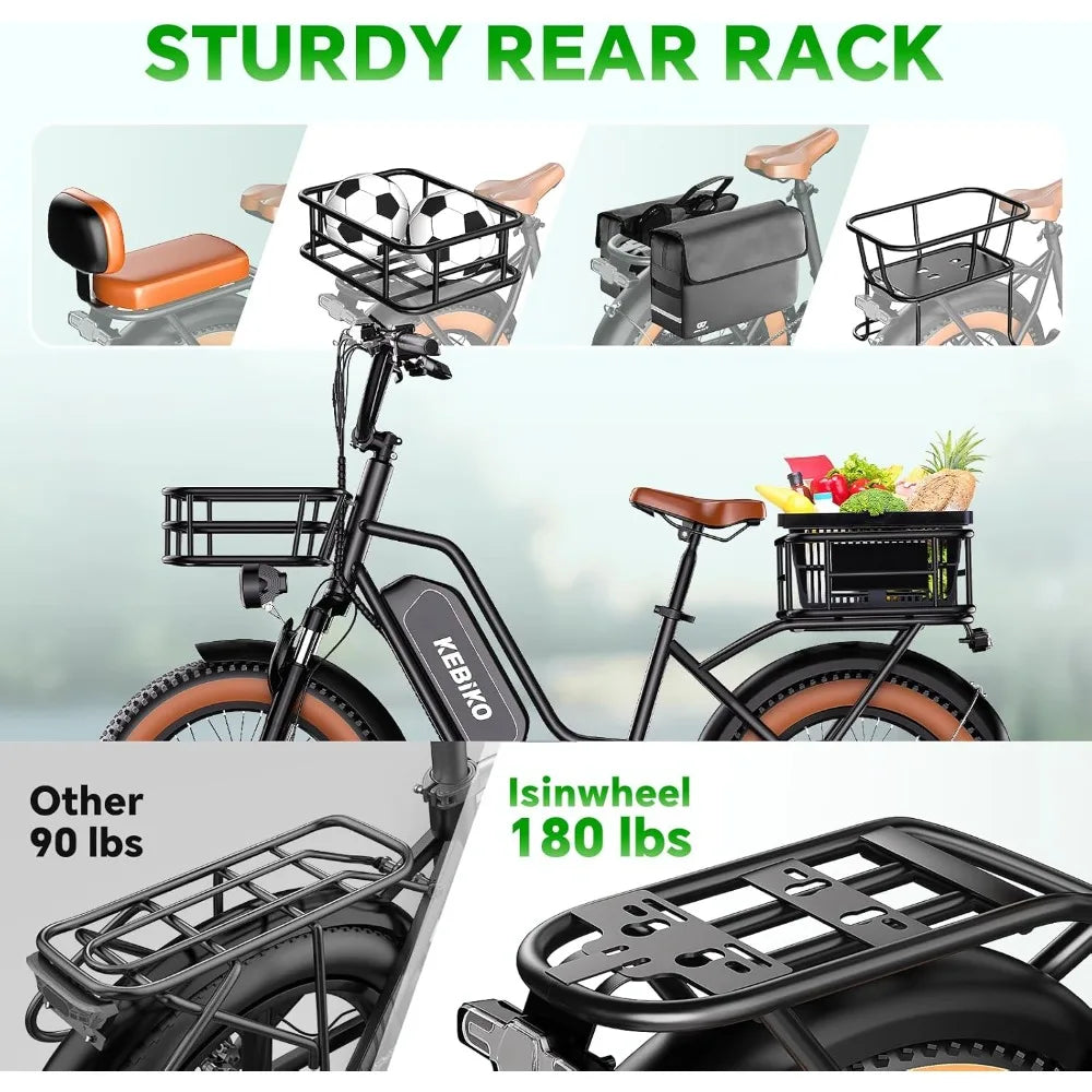 Two Seater Electric Bike with 48V 20AH Removable Battery and 20x4.0 Fat Tires for Adults Max Range 80 Miles and Speed Up to 30 MPH - Joanie B 25
