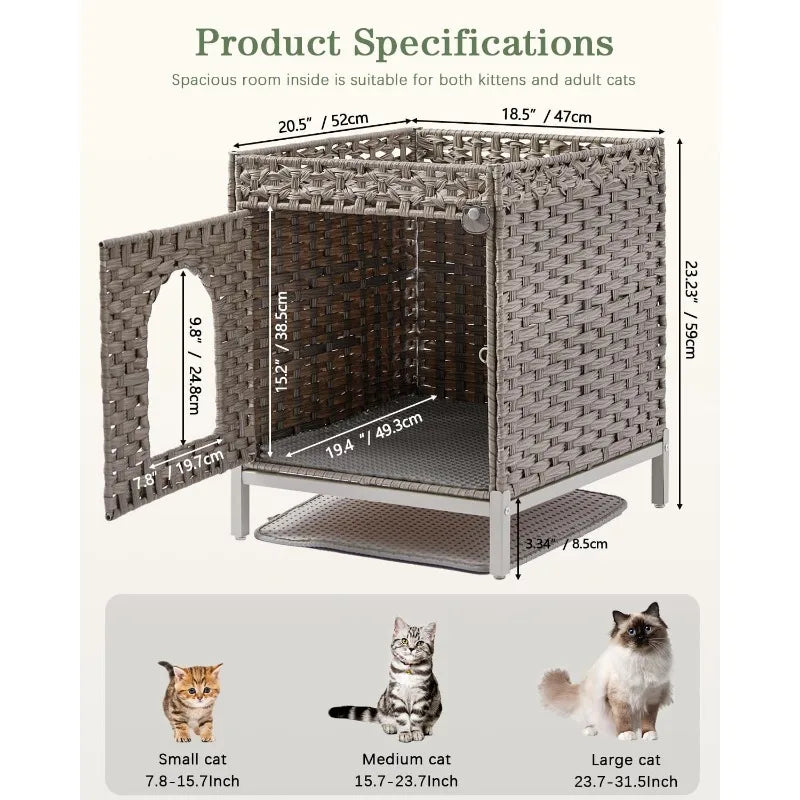 Cat Litter Box Enclosure Hidden Furniture with Metal Heightened Feet Rattan Handwoven Cat House and Litter Mat - Joanie B 25