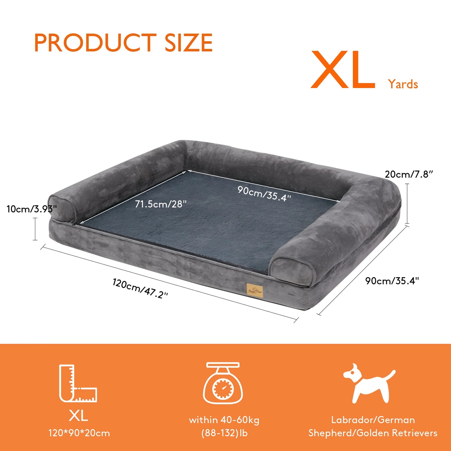 Extra Large Cozy Sofa Style Dog Bed with Sponge Foam Base Waterproof Cover and Bolster - Joanie B 25