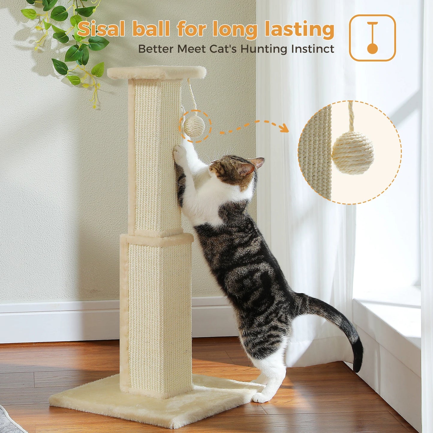 80Cm Cat Scratching Post for Indoor Cats with Natural Sisal Ball Tall Scratcher for Large Cats and Kittens Pet Toys - Joanie B 25