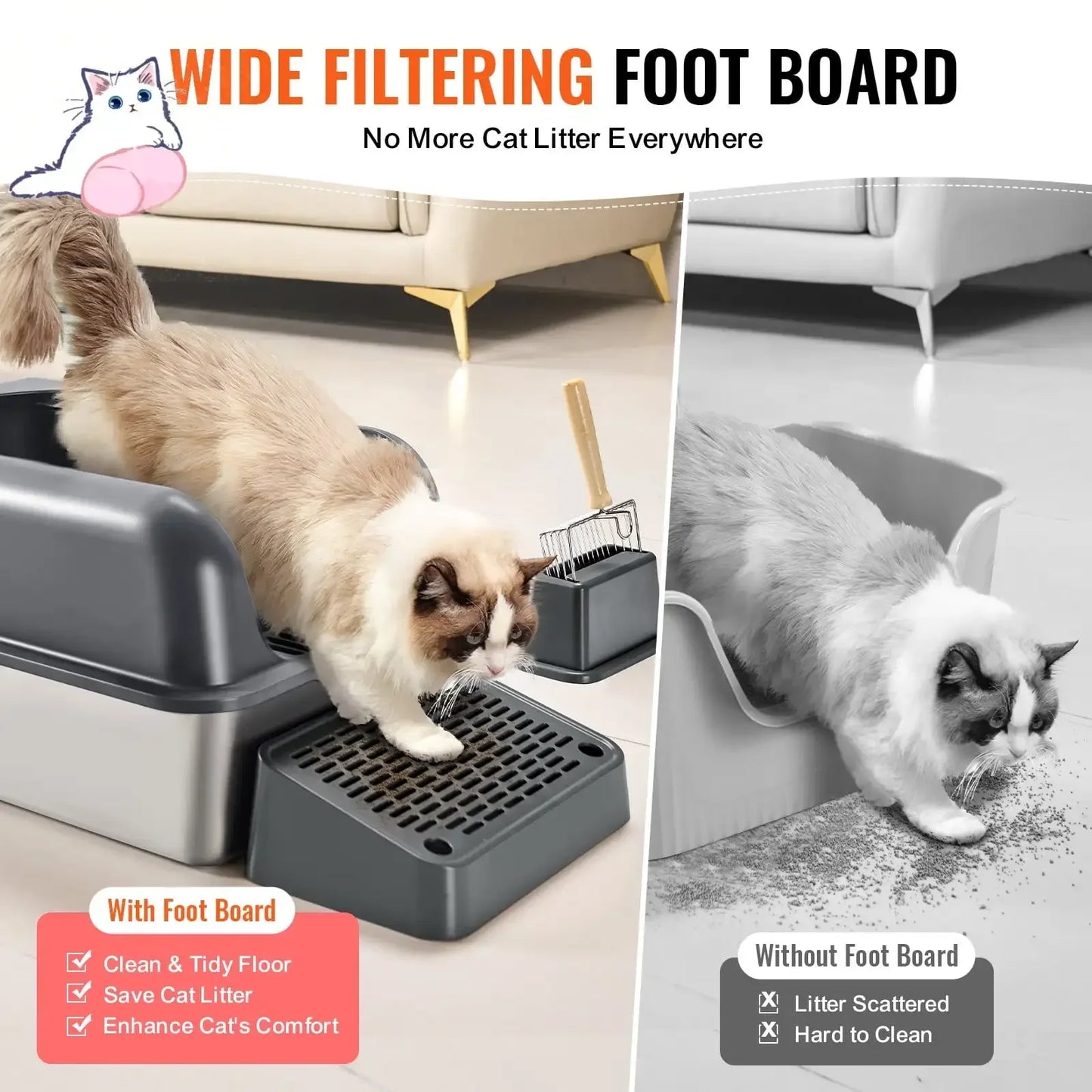 6 Inch Deep Cat Litter Box Odor Free with Filtering Foot Board Large Capacity Easy to Clean - Joanie B 25