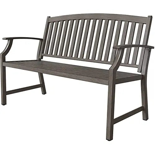 52 Inch Farmhouse Outdoor Bench Garden Bench with Faux Wood Grain Finish Frame and Aluminum Backrest for Front Porch - Joanie B 25