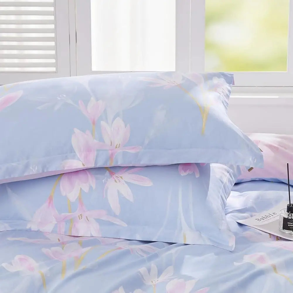 Floral Cotton Duvet Cover Set Full Size 3pcs Magnolia Blossom Printed Comforter Cover Soft Durable Machine Washable Bedding