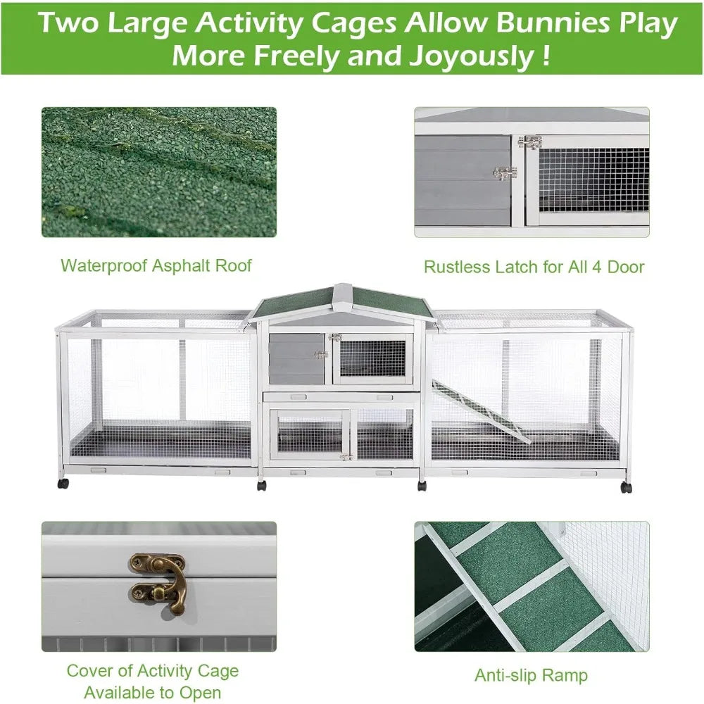94.5 Inch Rabbit Hutch with Eight Wheels Two Run Wooden Bunny Cage Outdoor Small Animal House with Removable Features - Joanie B 25