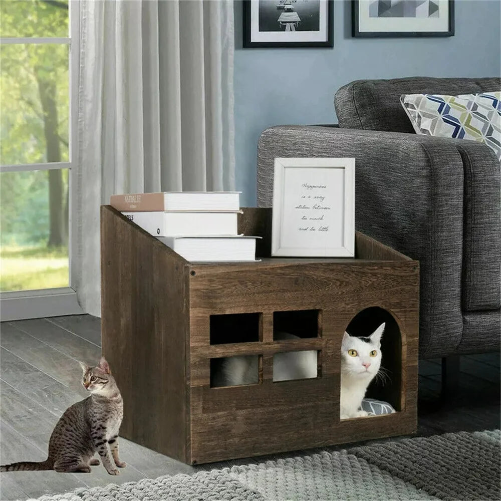 2 In 1 Wooden Cat House Puppy Rabbit Hideout Shelter Small Pet End Table Furniture with Soft Washable Cushion Indoor Outdoor - Joanie B 25