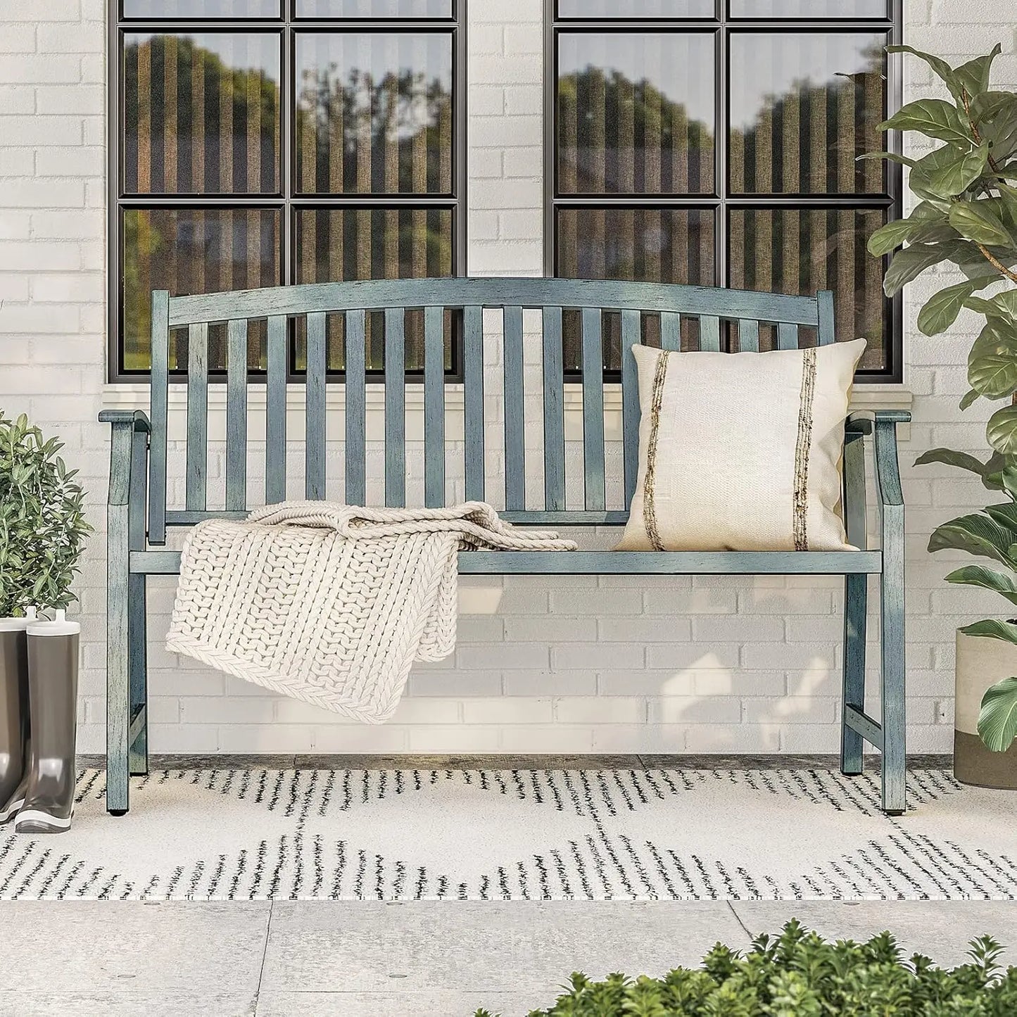 52 Inch Farmhouse Outdoor Bench Garden Bench with Faux Wood Grain Finish Frame and Aluminum Backrest for Front Porch - Joanie B 25