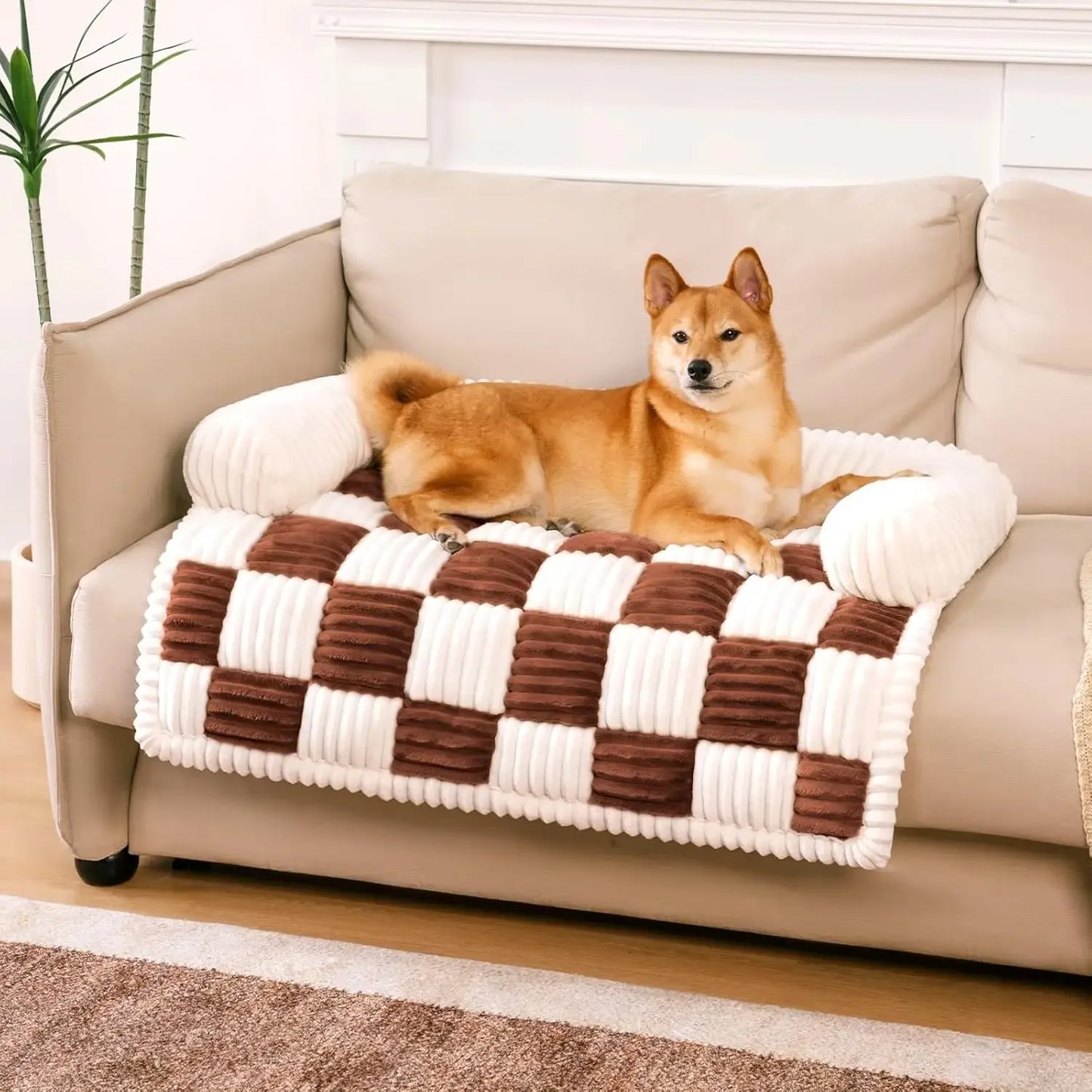 Pet Couch Covers for Dogs Plush Dog Bed Mat Furniture Protector Cream Square Plaid Cozy Washable Sofa Cover - Joanie B 25