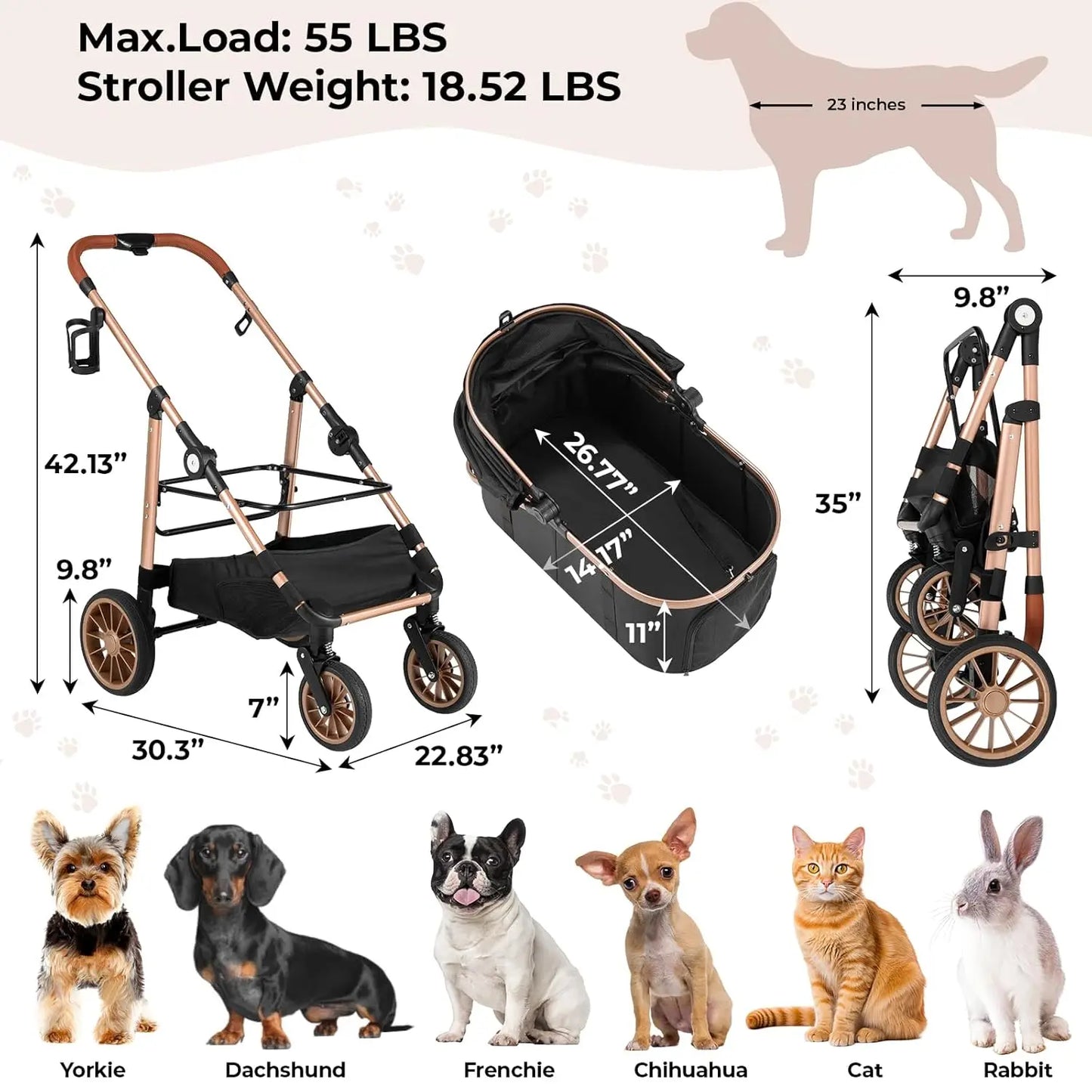 360 Degree Rubber Wheels and Shock Absorption Dog Buggy Stroller Foldable Pet Carrier for Small Dogs and Cats Up to 40 Kilograms - Joanie B 25
