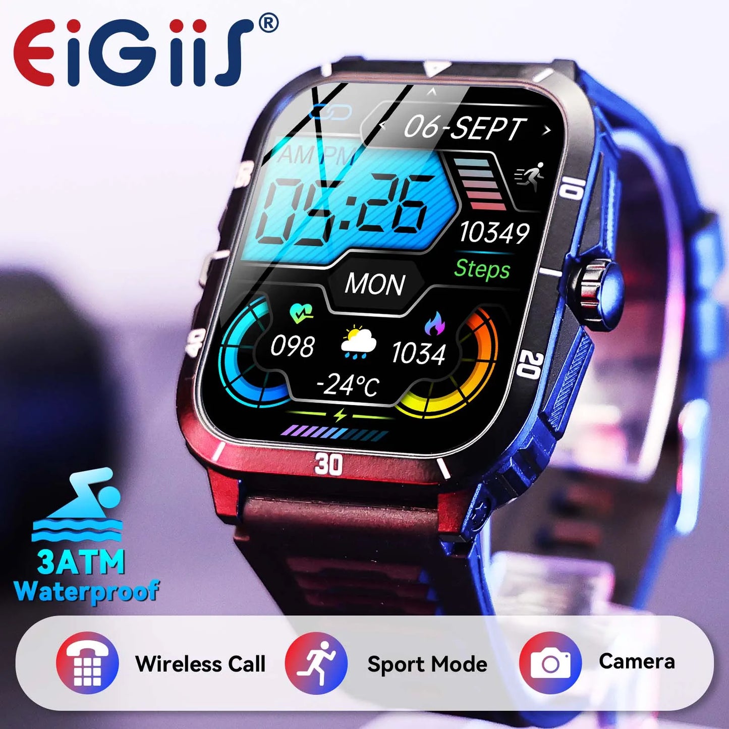 EIGIIS Smart Watch 3ATM Waterproof 1.96" IPS Screen Military KT71 Men 100+ Sport Mode Heart Rate Blood Pressure Bluetooth Call - Joanie B 25