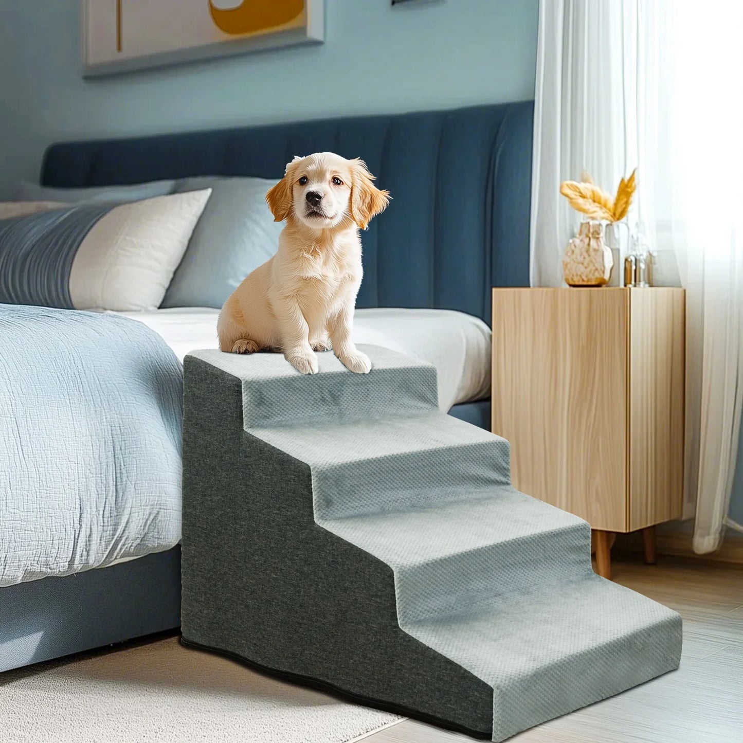 3/4 Steps High Density Foam Dog Stairs Ramps for High Beds and Sofas Non Slip Pet Steps Sofa Bed Ladder with Washable Cover - Joanie B 25