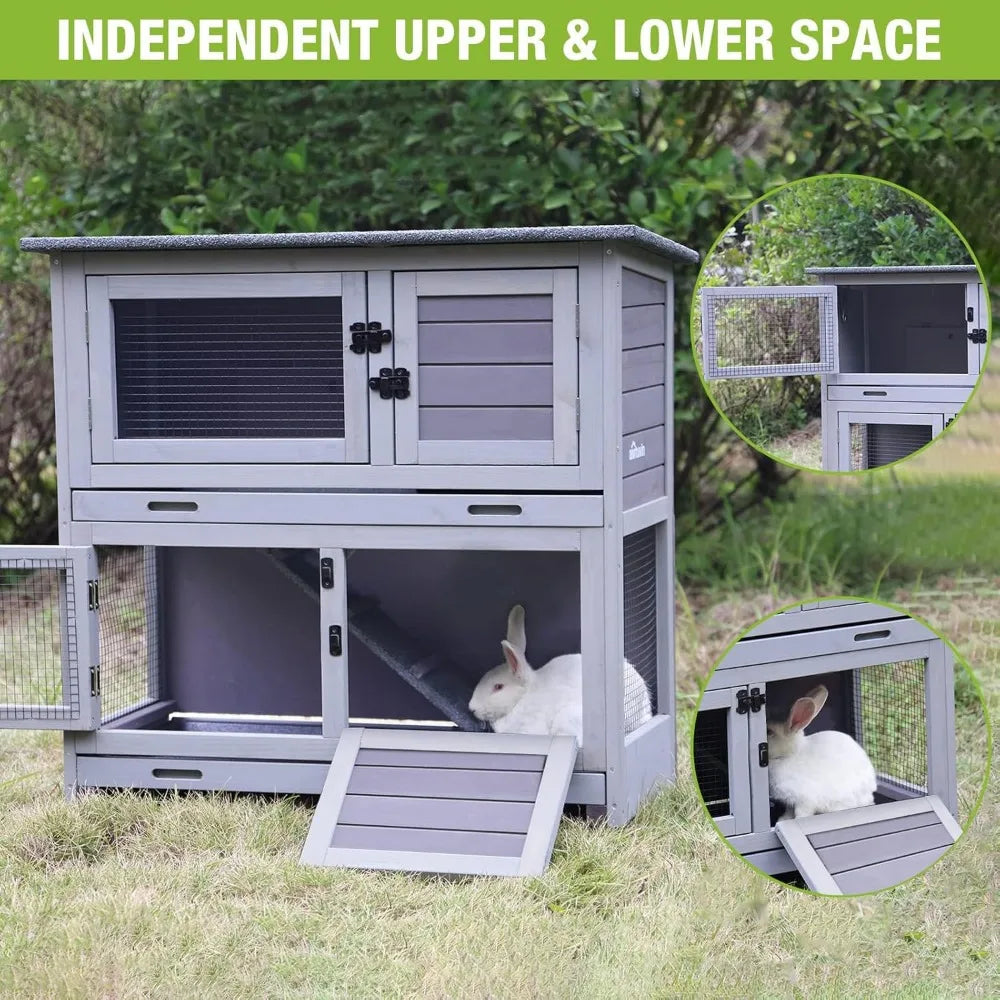 Rabbit Hutch Bunny Cage with 4 Casters Indoor Two-Story Wood Pet Cage with 2 Trays and Deep Pull-Out Liners - Joanie B 25
