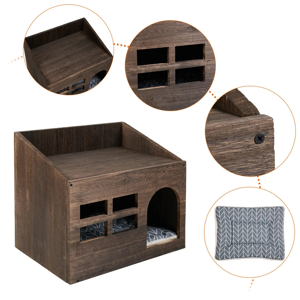2 In 1 Wooden Cat House Puppy Rabbit Hideout Shelter Small Pet End Table Furniture with Soft Washable Cushion Indoor Outdoor - Joanie B 25
