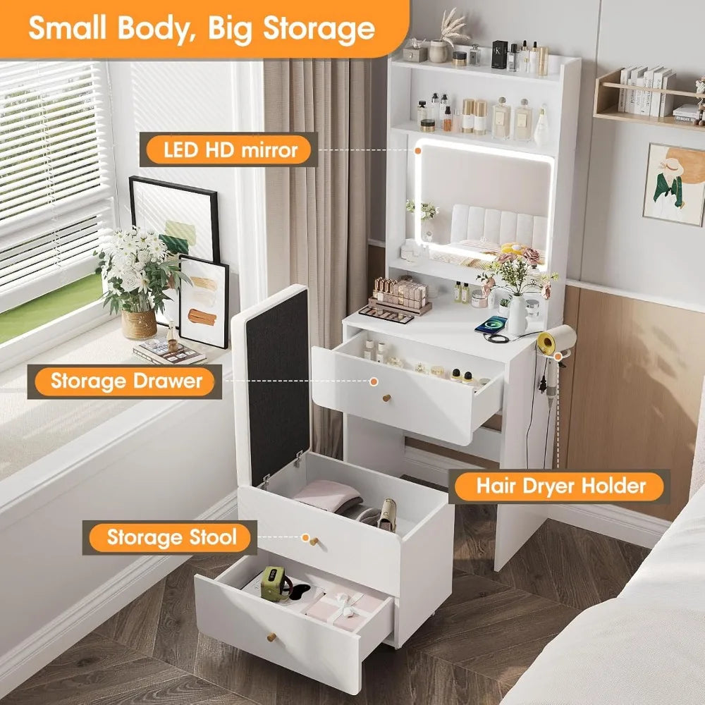 Make Up Vanity Desk with Mirror and Lights White Vanity Table Set with Charger Station Girls Small Vanity and Storage C - Joanie B 25