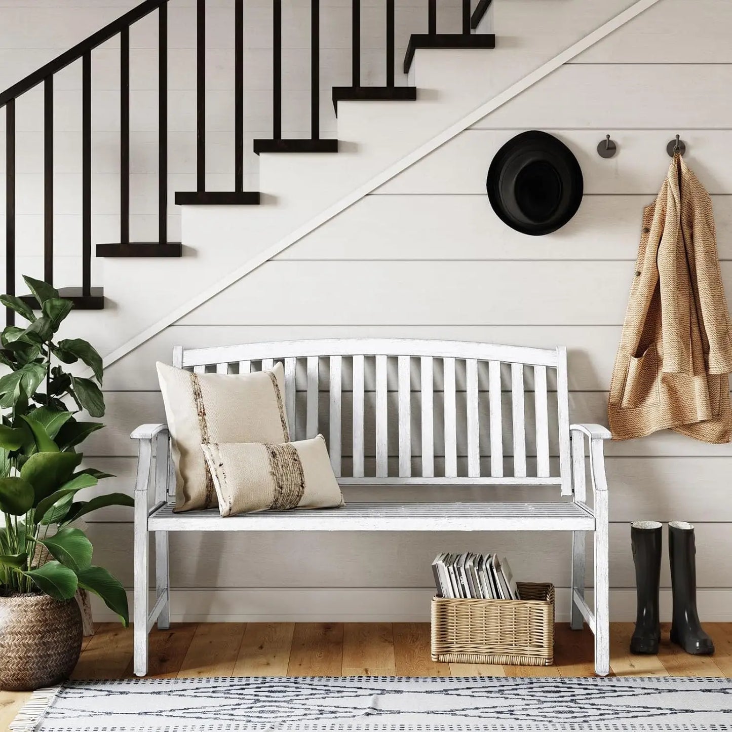 52 Inch Farmhouse Outdoor Bench Garden Bench with Faux Wood Grain Finish Frame and Aluminum Backrest for Front Porch - Joanie B 25