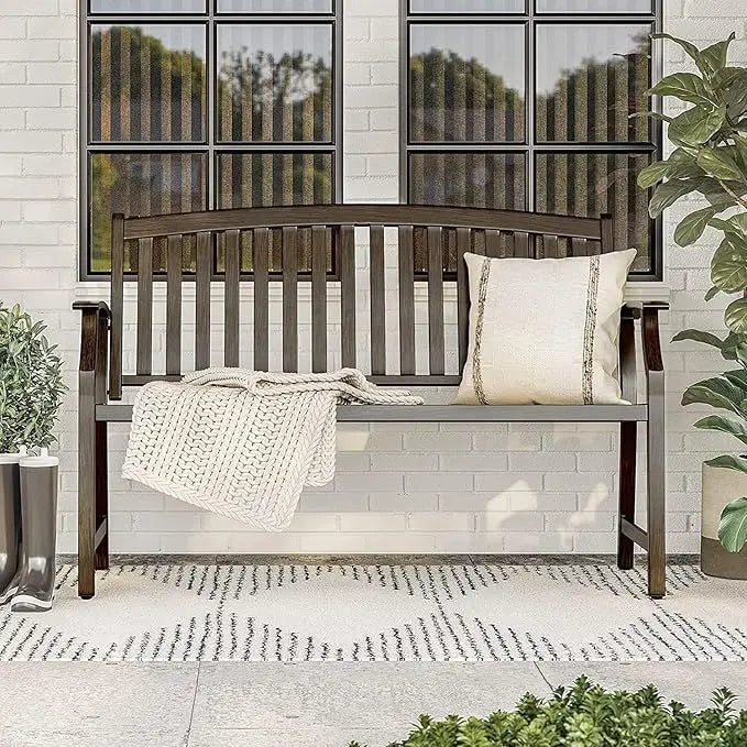 52 Inch Farmhouse Outdoor Bench Garden Bench with Faux Wood Grain Finish Frame and Aluminum Backrest for Front Porch - Joanie B 25