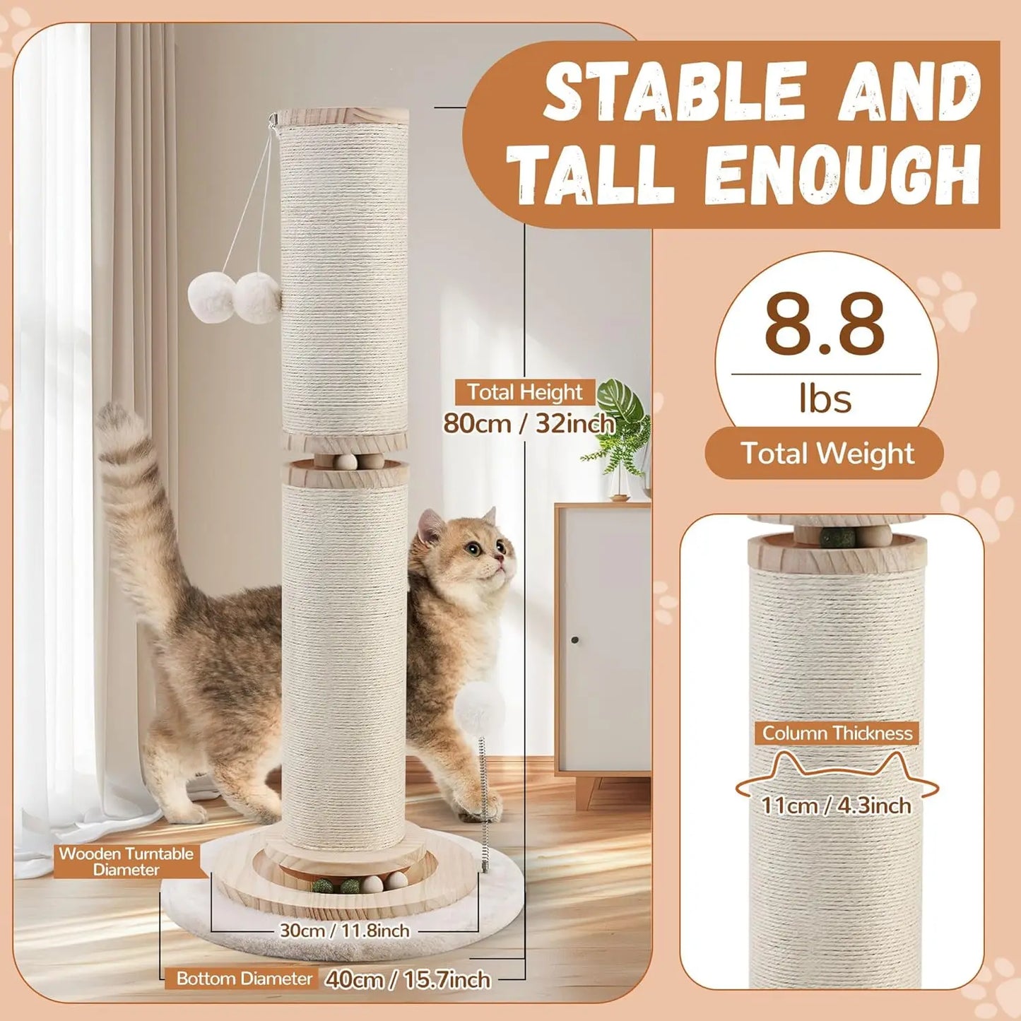 OTOB 32 Tall Cat Scratching Post 4.3Inch Large Diameter Sisal Rope 5-in-1 Interactive Turntable - Joanie B 25