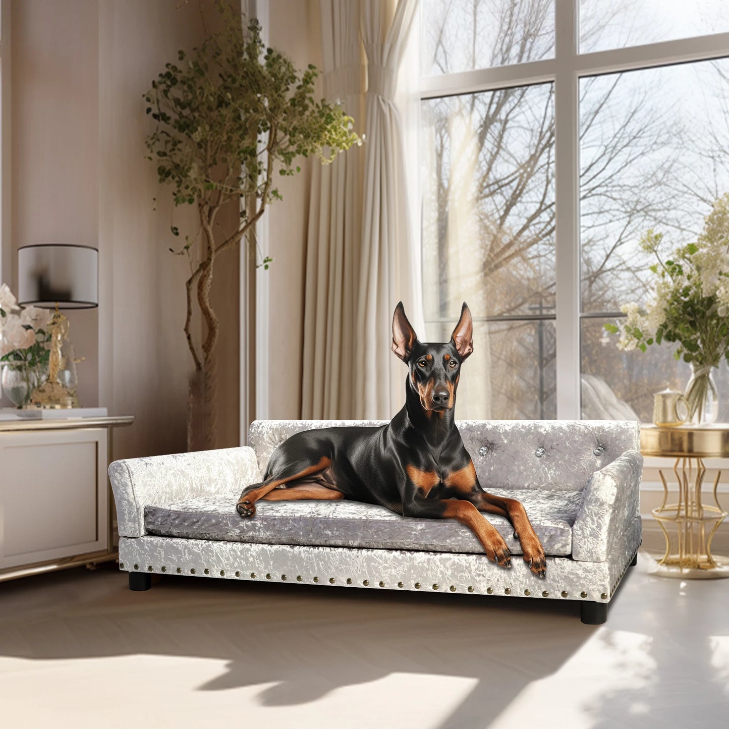 Dutch Velvet Upholstered Pet Lounge Chair Dog Bed Sofa Couch Bed Solid Wood Legs Detachable Pad Large XXL - Joanie B 25