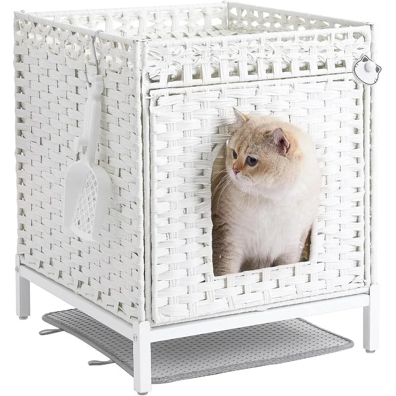 Cat Litter Box Enclosure Hidden Furniture with Metal Heightened Feet Rattan Handwoven Cat House and Litter Mat - Joanie B 25