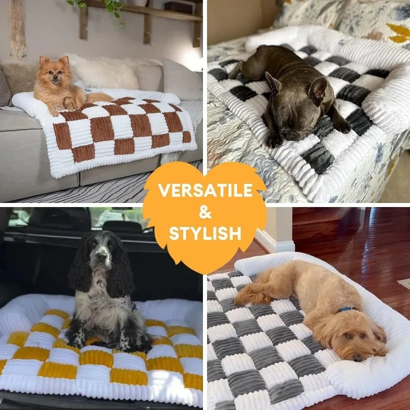 Pet Couch Covers for Dogs Plush Dog Bed Mat Furniture Protector Cream Square Plaid Cozy Washable Sofa Cover - Joanie B 25