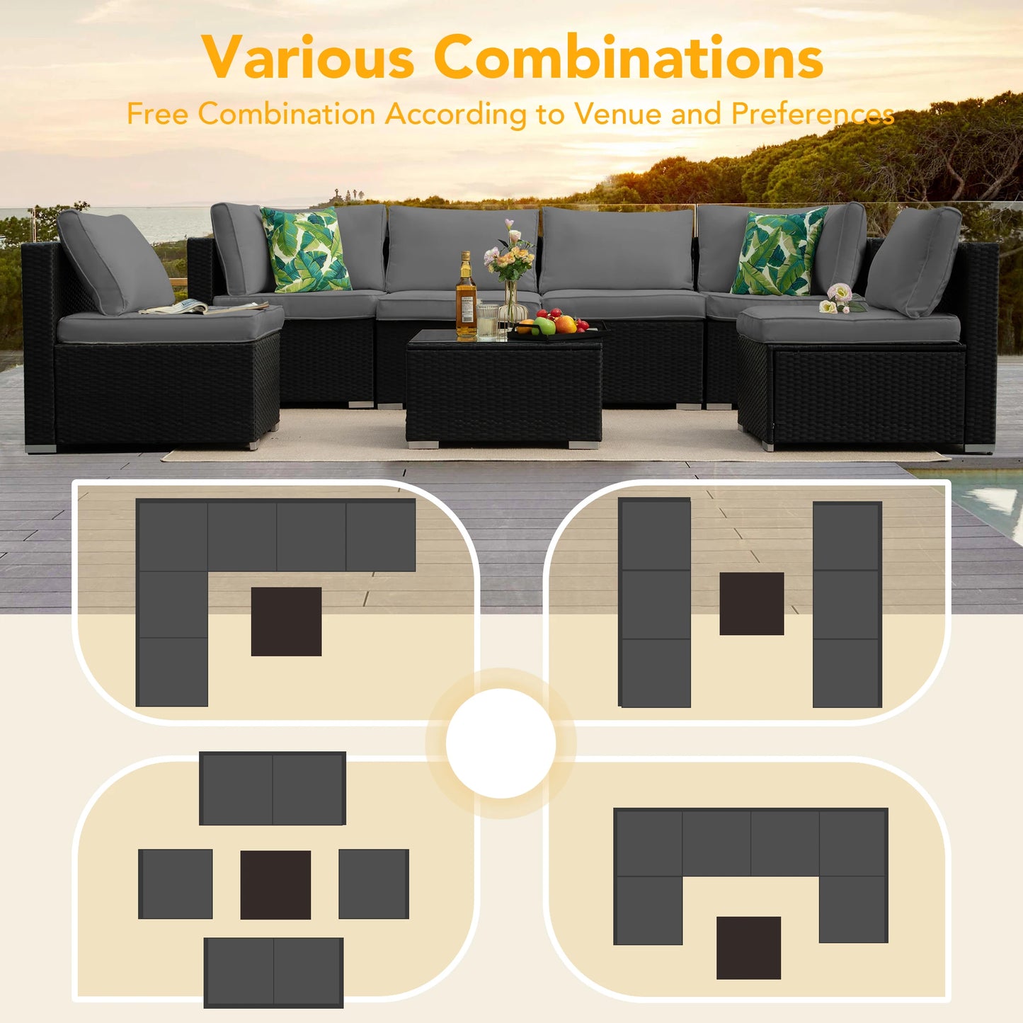 Outdoor Naga Bahna Patio Furniture 8 Piece Outdoor Sectional Sofa PE Rattan Wicker Conversation Set with Thick Cushions - Joanie B 25