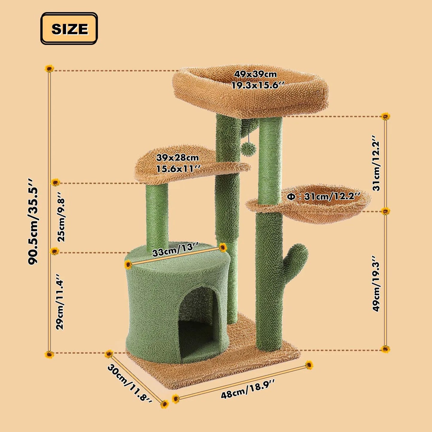 Cactus Cat Tree for Indoor Cats Small Cat Tower with Sisal Scratching Post Cozy Condo and Perches Cat Accessories and Kitten Toys - Joanie B 25