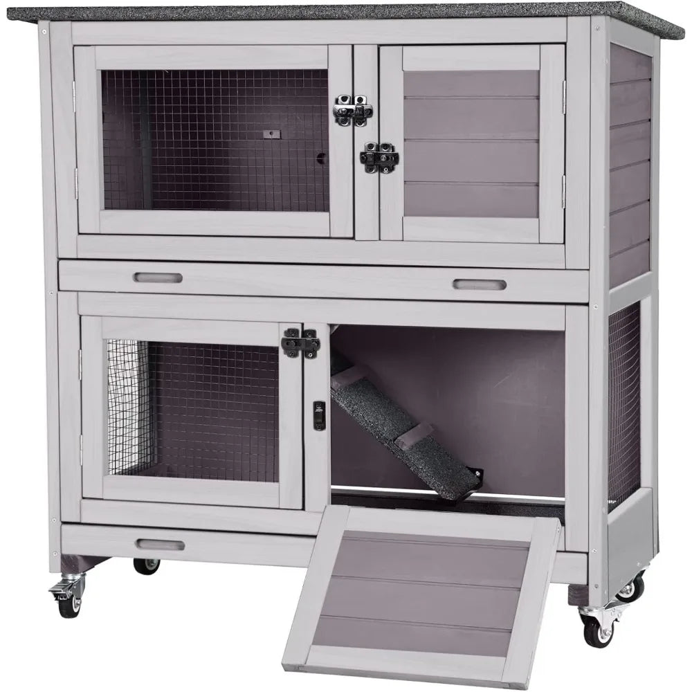 Rabbit Hutch Bunny Cage with 4 Casters Indoor Two-Story Wood Pet Cage with 2 Trays and Deep Pull-Out Liners - Joanie B 25