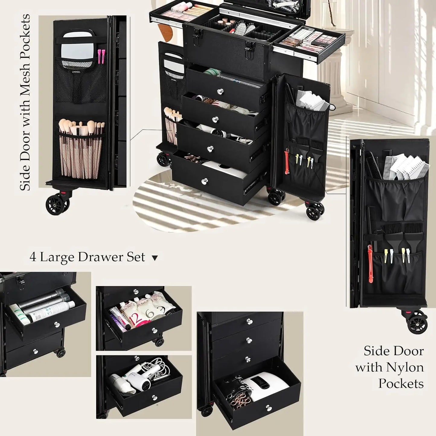 Professional Rolling Makeup Case with Four Drawers Pro Makeup Artist Cosmetic Train Case for Hairstylists and Travel Portable Makeup Station - Joanie B 25