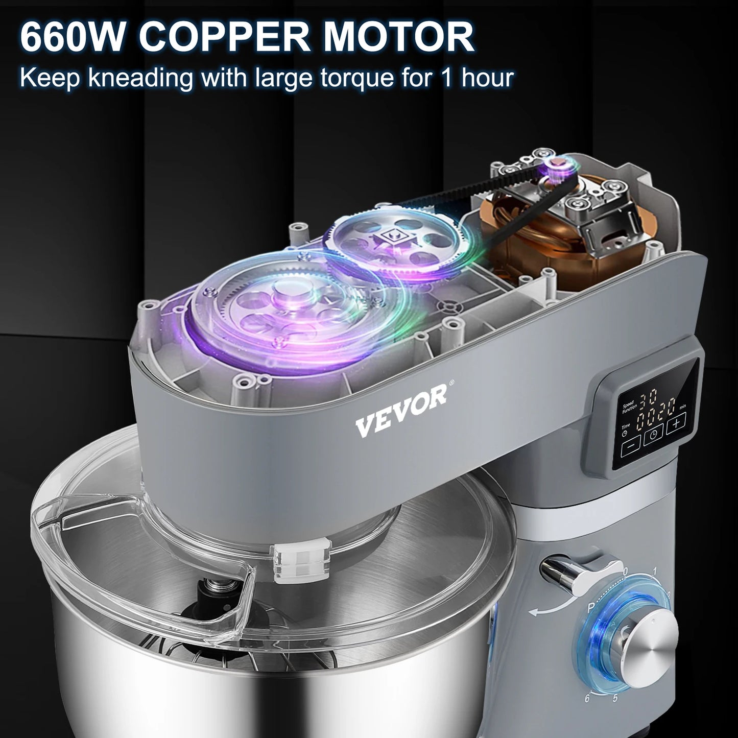 VEVOR 5.5/7L Electric Stand Mixer with 6 Speeds LCD Screen Timing Food Mixer Cream Egg Whisk Whip Dough Kneader with Steel Bowl - Joanie B 25