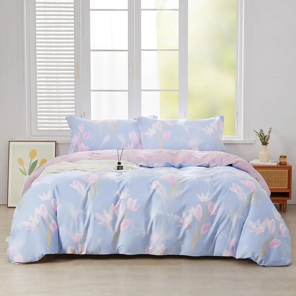 Floral Cotton Duvet Cover Set Full Size 3pcs Magnolia Blossom Printed Comforter Cover Soft Durable Machine Washable Bedding