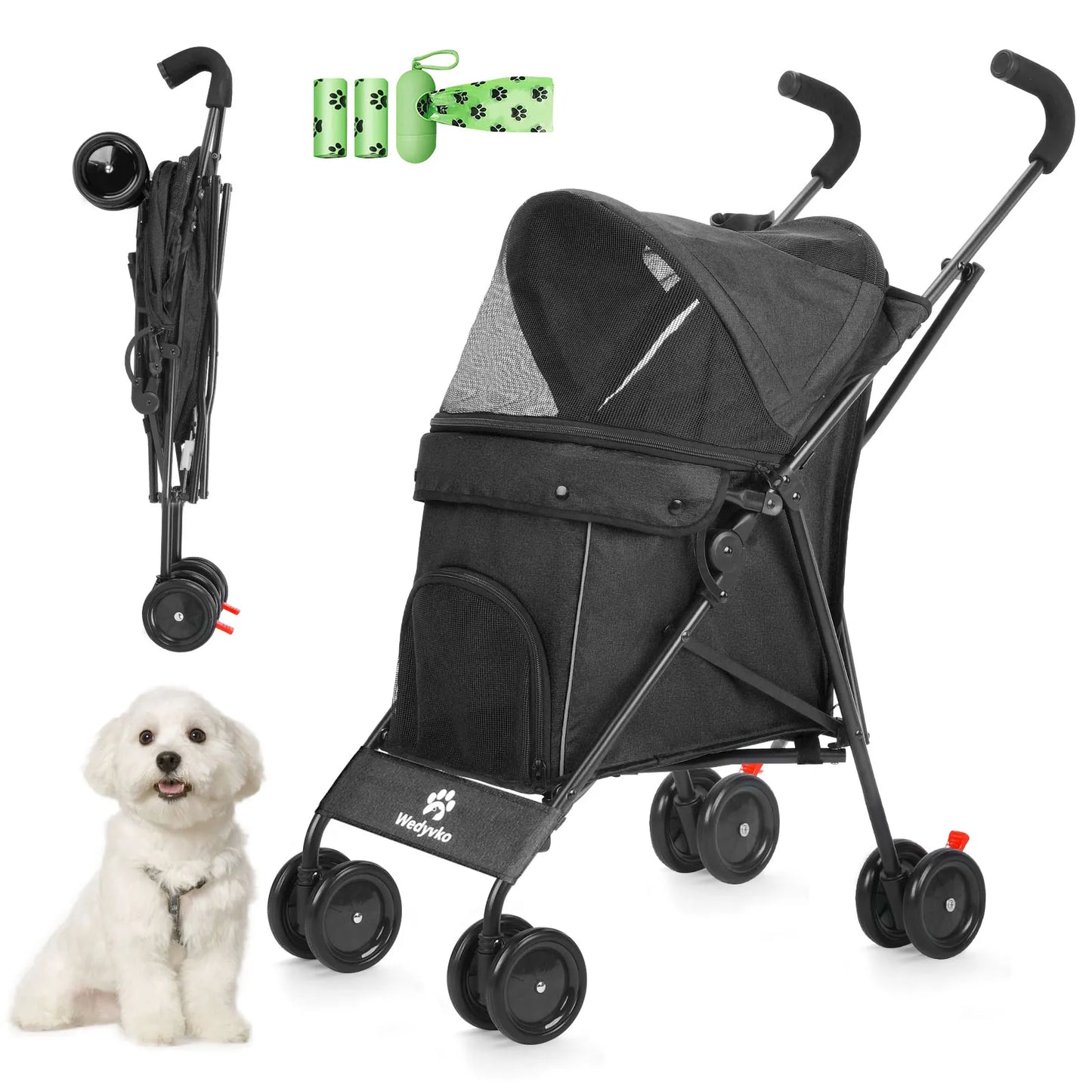 Pet Dog Stroller 4 Wheels Rotating Brakes Storage Travel