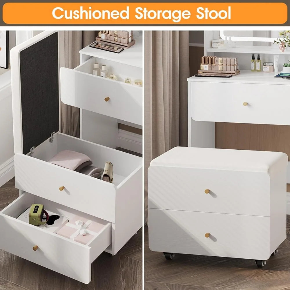 Make Up Vanity Desk with Mirror and Lights White Vanity Table Set with Charger Station Girls Small Vanity and Storage C - Joanie B 25