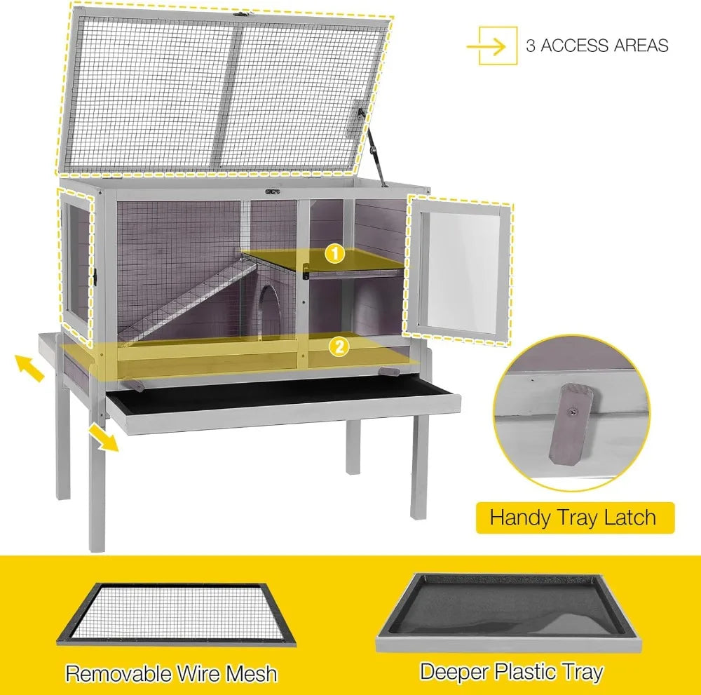 Rabbit Hutch with Stand Wooden Bunny Cage Indoor 2 Story Guinea Pig House with Anti Chew Ramp No Leak Tray Hideout and Wire Mesh - Joanie B 25
