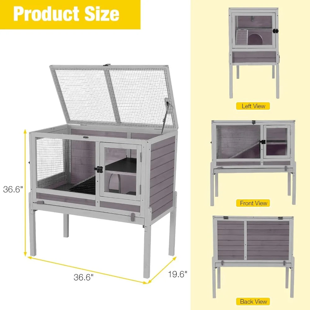 Rabbit Hutch with Stand Wooden Bunny Cage Indoor 2 Story Guinea Pig House with Anti Chew Ramp No Leak Tray Hideout and Wire Mesh - Joanie B 25