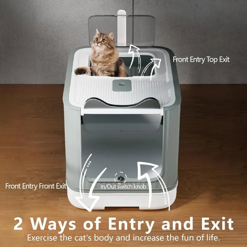 Fully Enclosed Cat Litter Box Top Entry Upgraded Covered with Lid Anti Splashing Easy to Clean Kitty Box White and Grey - Joanie B 25