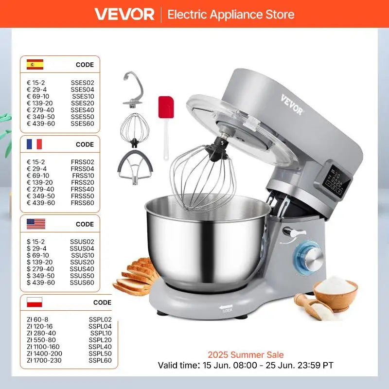 VEVOR 5.5/7L Electric Stand Mixer with 6 Speeds LCD Screen Timing Food Mixer Cream Egg Whisk Whip Dough Kneader with Steel Bowl - Joanie B 25