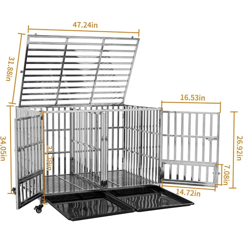 48 Inch Heavy Duty Foldable Stackable Stainless Steel Dog Cage with Floor Grid Tray and Divider - Joanie B 25