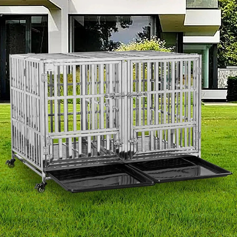 48 Inch Heavy Duty Foldable Stackable Stainless Steel Dog Cage with Floor Grid Tray and Divider - Joanie B 25