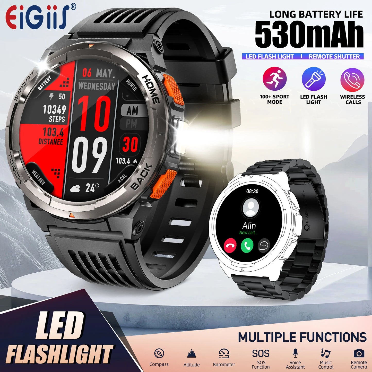 EIGIIS 1.45 Inch Smart Watch KE5 Waterproof Sports Watch with Compass Altimeter LED Flashlight - Joanie B 25