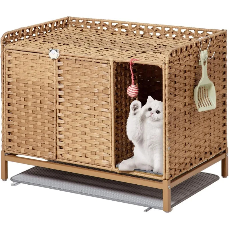Cat Litter Box Enclosure Furniture with Divider Handwoven Rattan Litter Box with Mat 31.2x19.6x24.2 Inches Metal Heightened - Joanie B 25