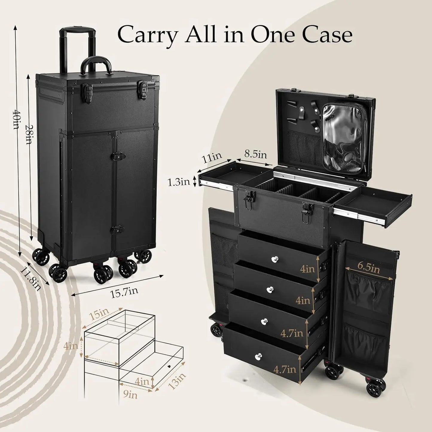 Professional Rolling Makeup Case with Four Drawers Pro Makeup Artist Cosmetic Train Case for Hairstylists and Travel Portable Makeup Station - Joanie B 25