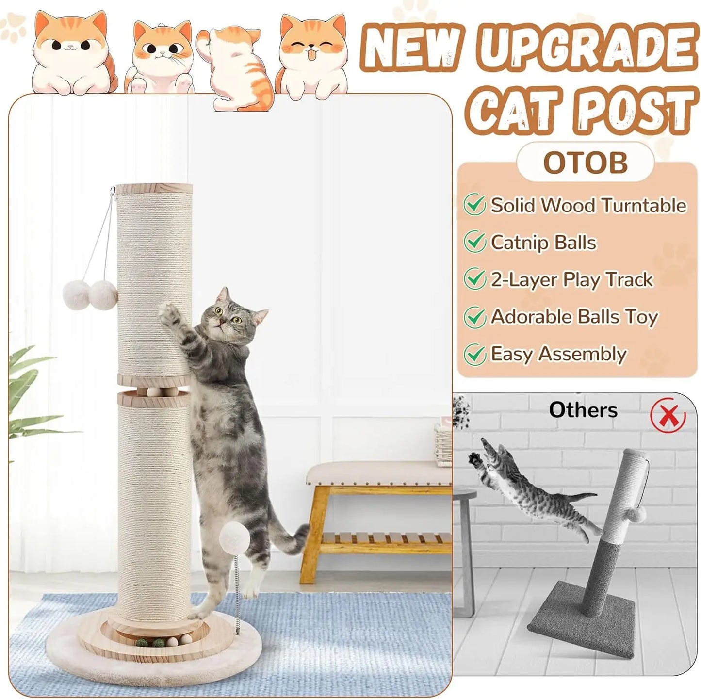 OTOB 32 Tall Cat Scratching Post 4.3Inch Large Diameter Sisal Rope 5-in-1 Interactive Turntable - Joanie B 25